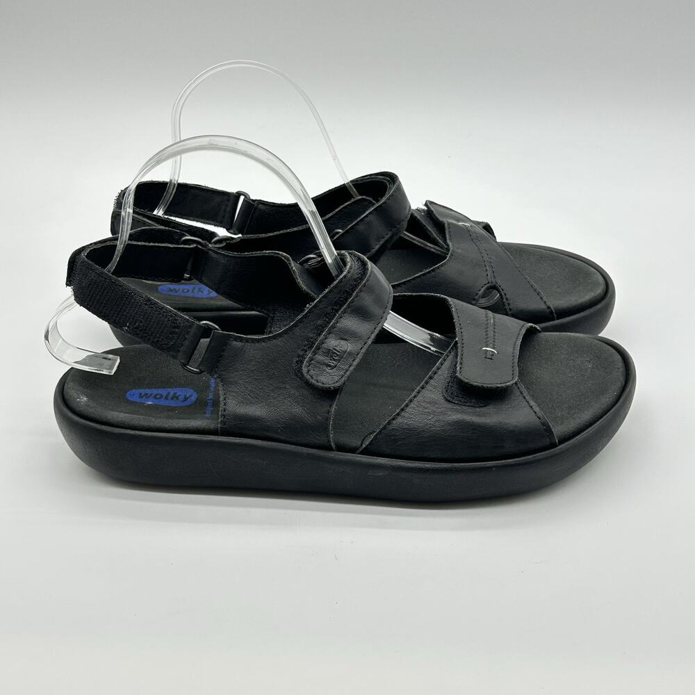 Wolky Lisse Sandals Women 12 43 Black Leather Straps Chunky Wedge Shoes Comfort